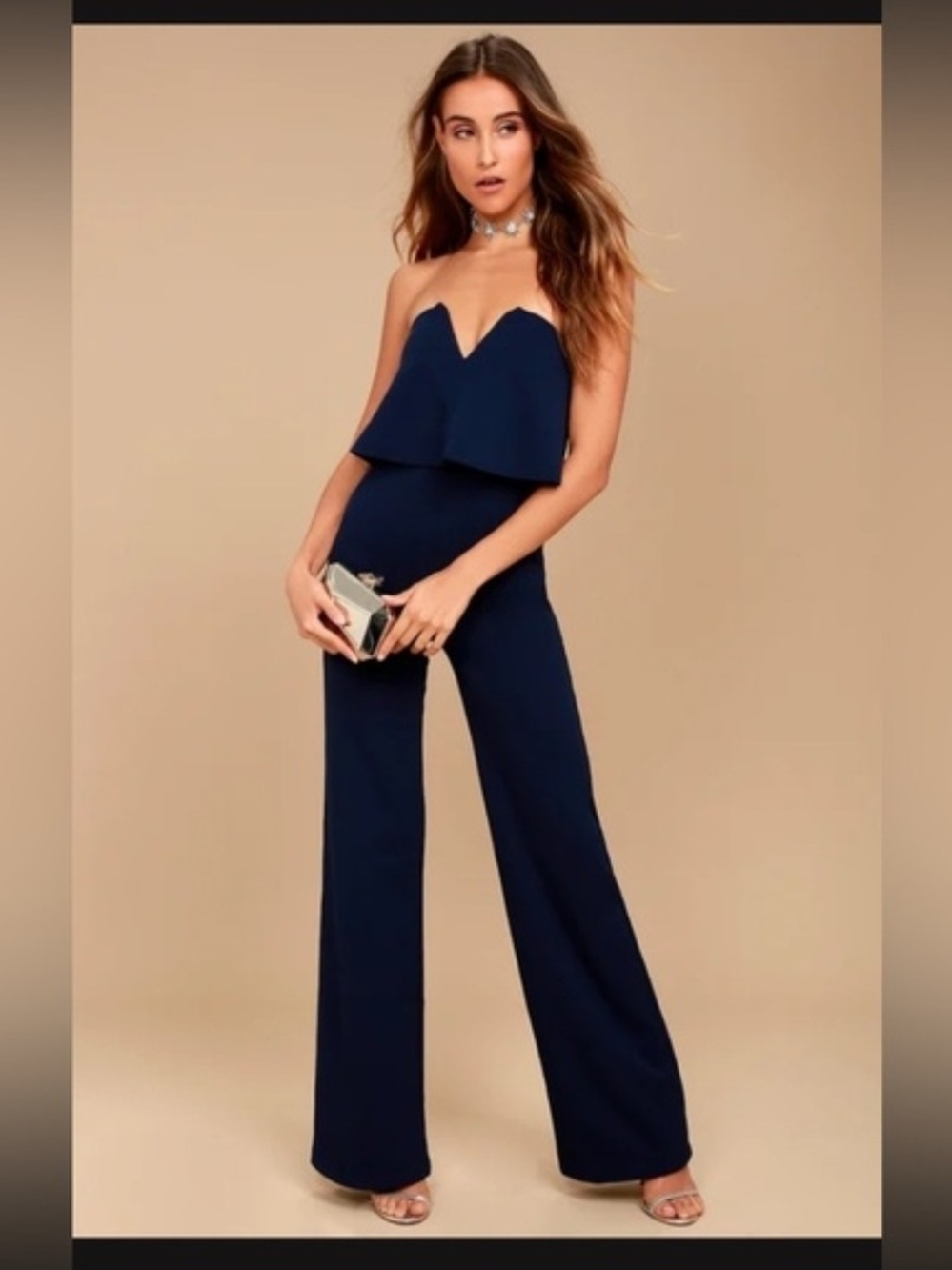 Lulu's Strapless Navy Wide-Leg Jumpsuit